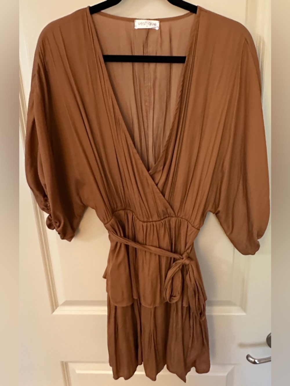 vestique brass short sleeve mini ruffle dress womens sz small